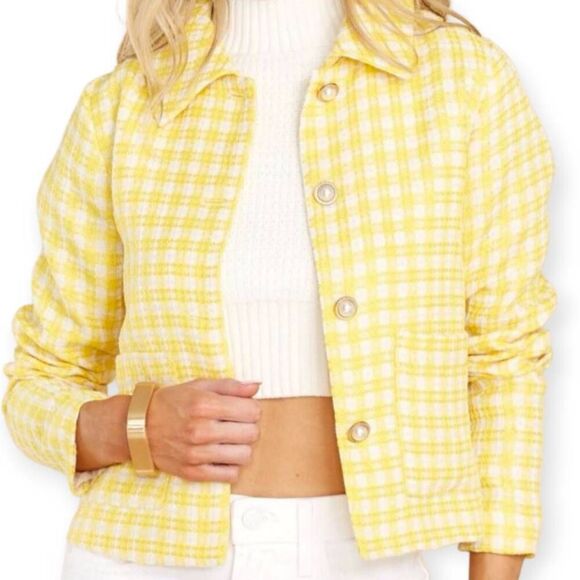 AURA RED DRESS YELLOW TWEED JACKET W/PEARL BUTTONS SZ.L NWOT. - Picture 2 of 10